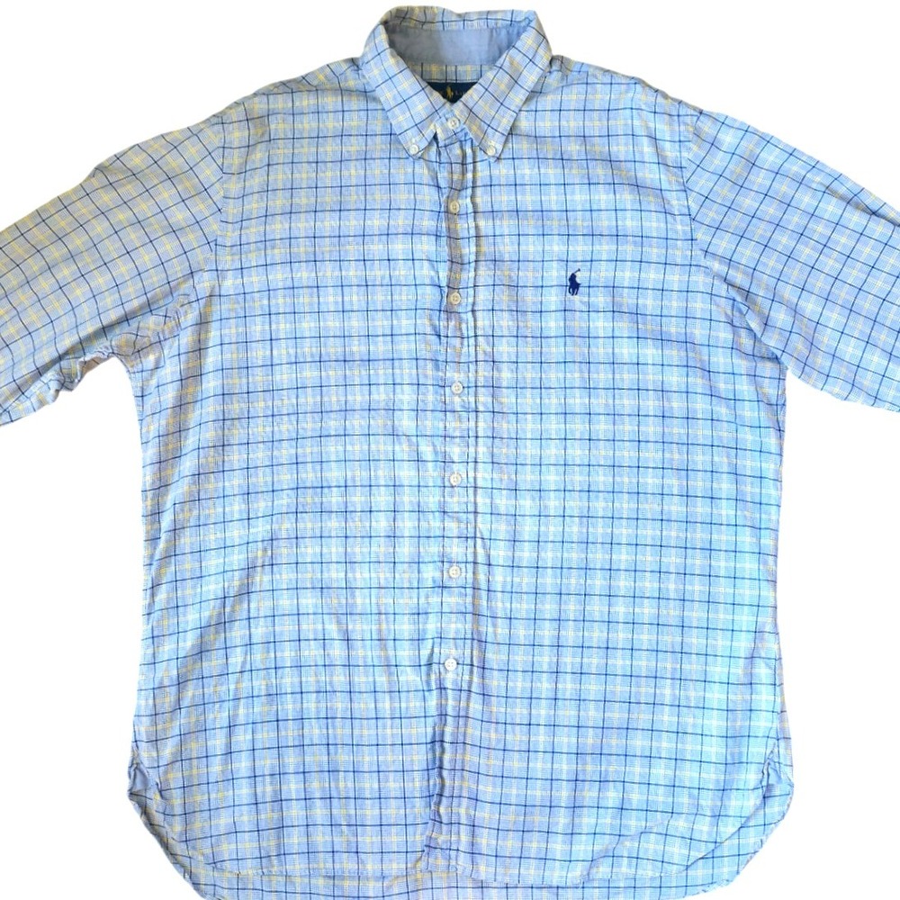 Polo Ralph Lauren Mens Blue Yellow Plaid Classic Button Down Cotton Shirt Size L
